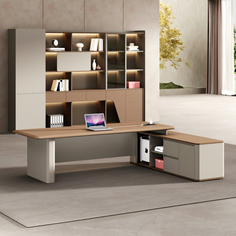 Bureau de direction en L 62,99 "de couleur naturelle et beige avec buffet, H 29,53 po x l 62,99 po x P 62,99 po