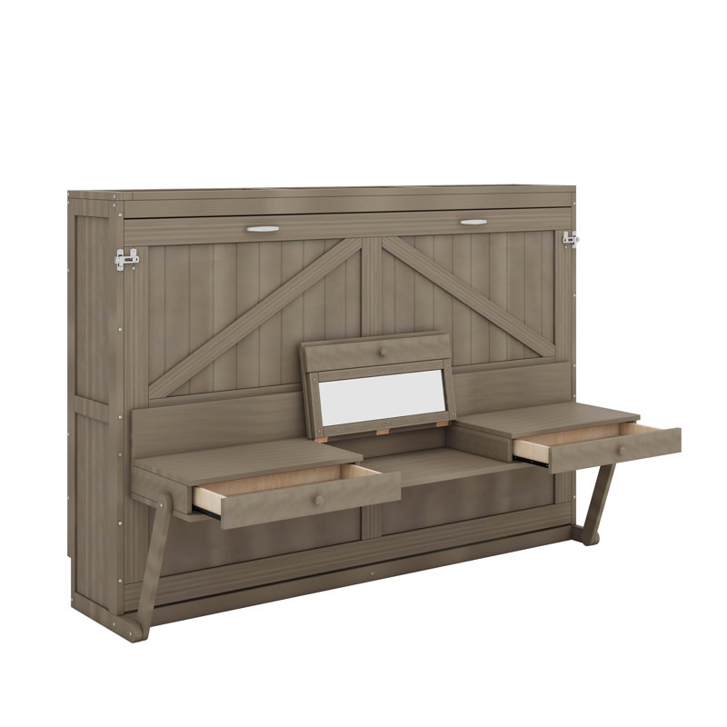 Grand lit escamotable mural avec rangement, armoire-lit pliable avec coiffeuse, miroir central et 2 tiroirs latéraux