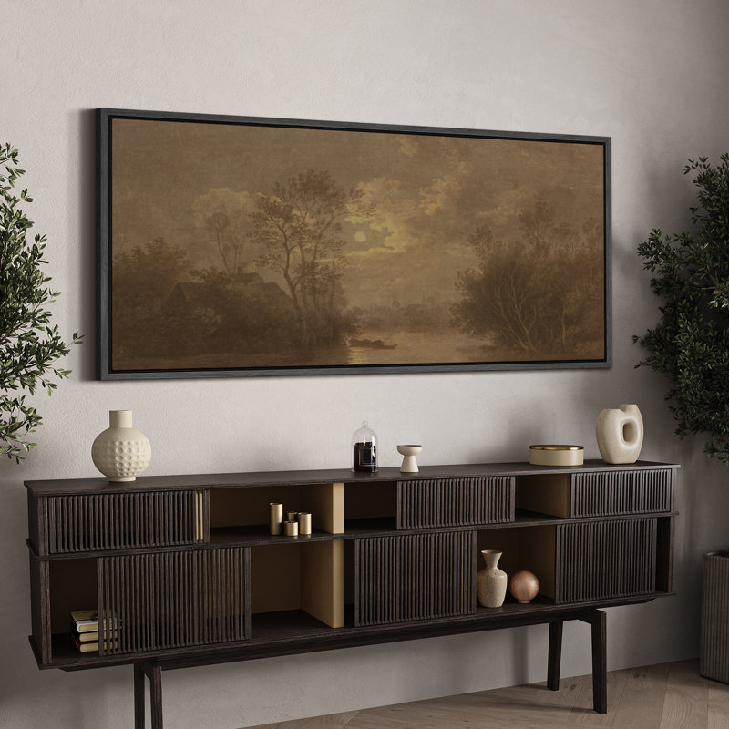 Moonlit River Cottage, impression sur toile encadrée pour décor de ferme antique, Noir, H 30 po x l 60 po