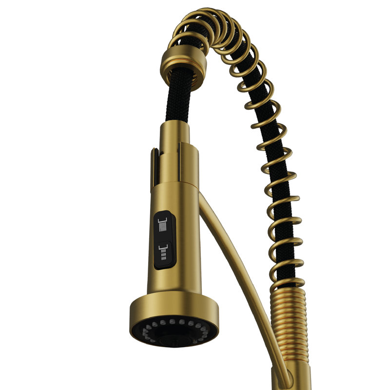 Karran Commercial Style Pull-Down Kitchen Faucet with Coil Spring, High-Arc, Multi-Function Spray in Spot-Free Brushed Gold