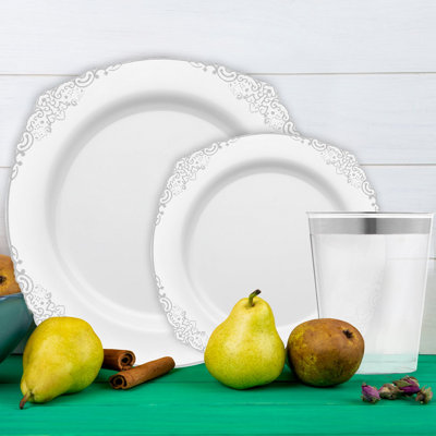 Service de table jetable rond en plastique blanc et argenté - 120 couverts
