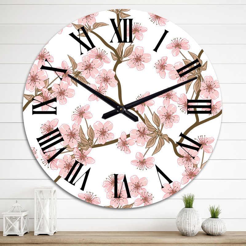 Horloge murale à motif de fleurs de cerisier roses sur fond blanc, Grand