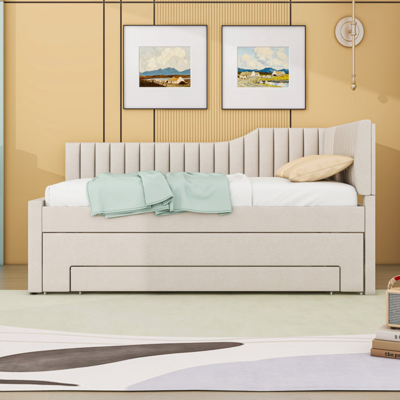 Upholstered Daybed with Trundle and 1 Drawer, Beige, Full/Double