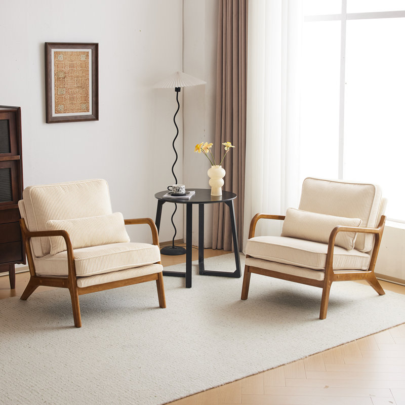 Lemley Mid Century Solid Wood Accent Chair Upholstered Armchair With An Extra Pillow （Set Of 2), Cream Corduroy