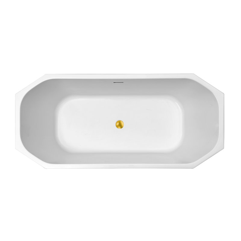 63'' Streamline Freestanding Soaking Acrylic Bathtub With Drain and Bamboo Tray, Polished Gold