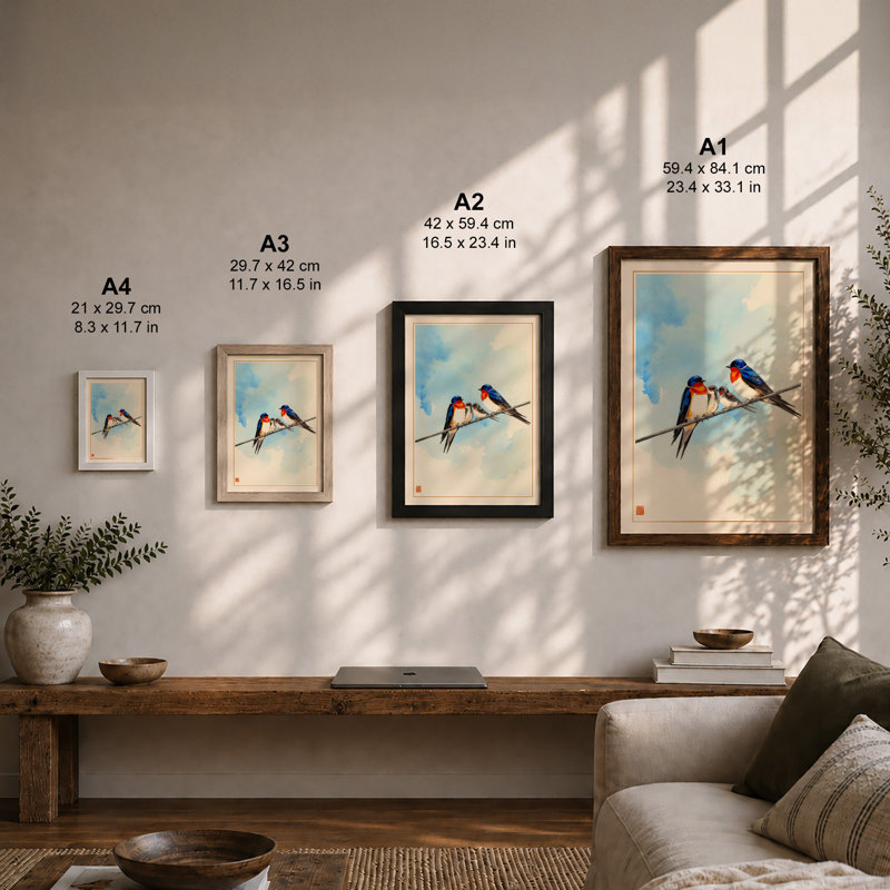 Swallows in Repose Japandi - Framed Print, Unframed, A2 - 59.4 x 42.0 cm