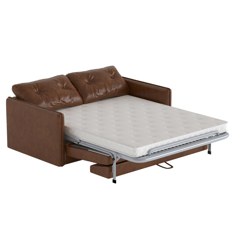 Canapé-lit moderne de 63 po, canapé en cuir ciré à l'huile avec coussins en mousse haute densité (matelas inclus)
