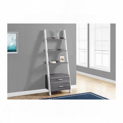 Bookshelf, Bookcase, Etagere, Ladder, 4 Tier, 69"h, Office, Bedroom, Grey And White Laminate, Contemporary, Modern