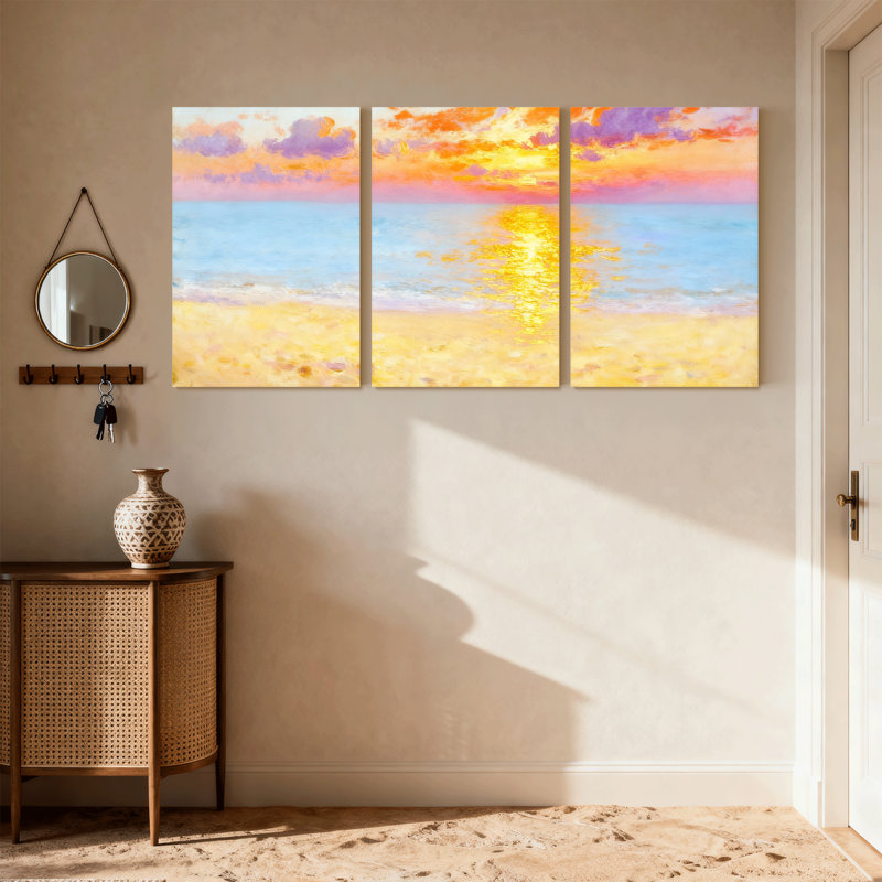 Plage, coucher de soleil, océan, plage, réflexion, ensemble de 3 impressions sur toile, H 18 po x l 36 po