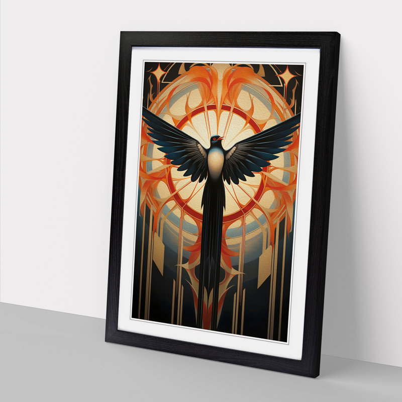 Swallow Art Deco No.2 - Single Picture Frame Print on Wood, Black, 64cm H x 46cm W x 2cm D