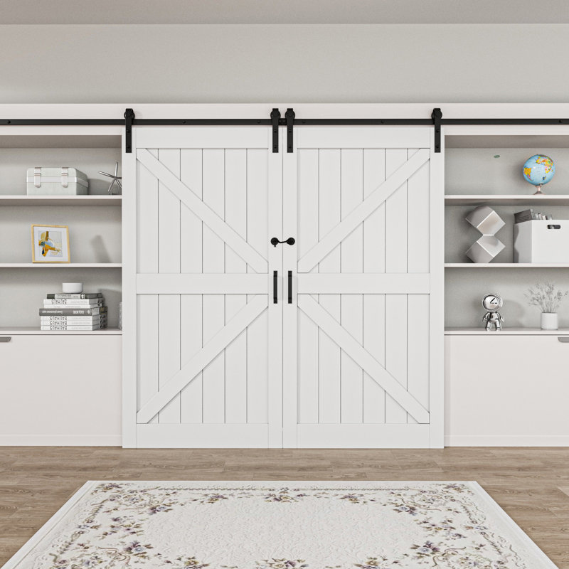 84''Manufactured Solid Wood Primed Double Sliding Barn Doors With Installation Hardware Kit(Door Lock included), 84" x 84"