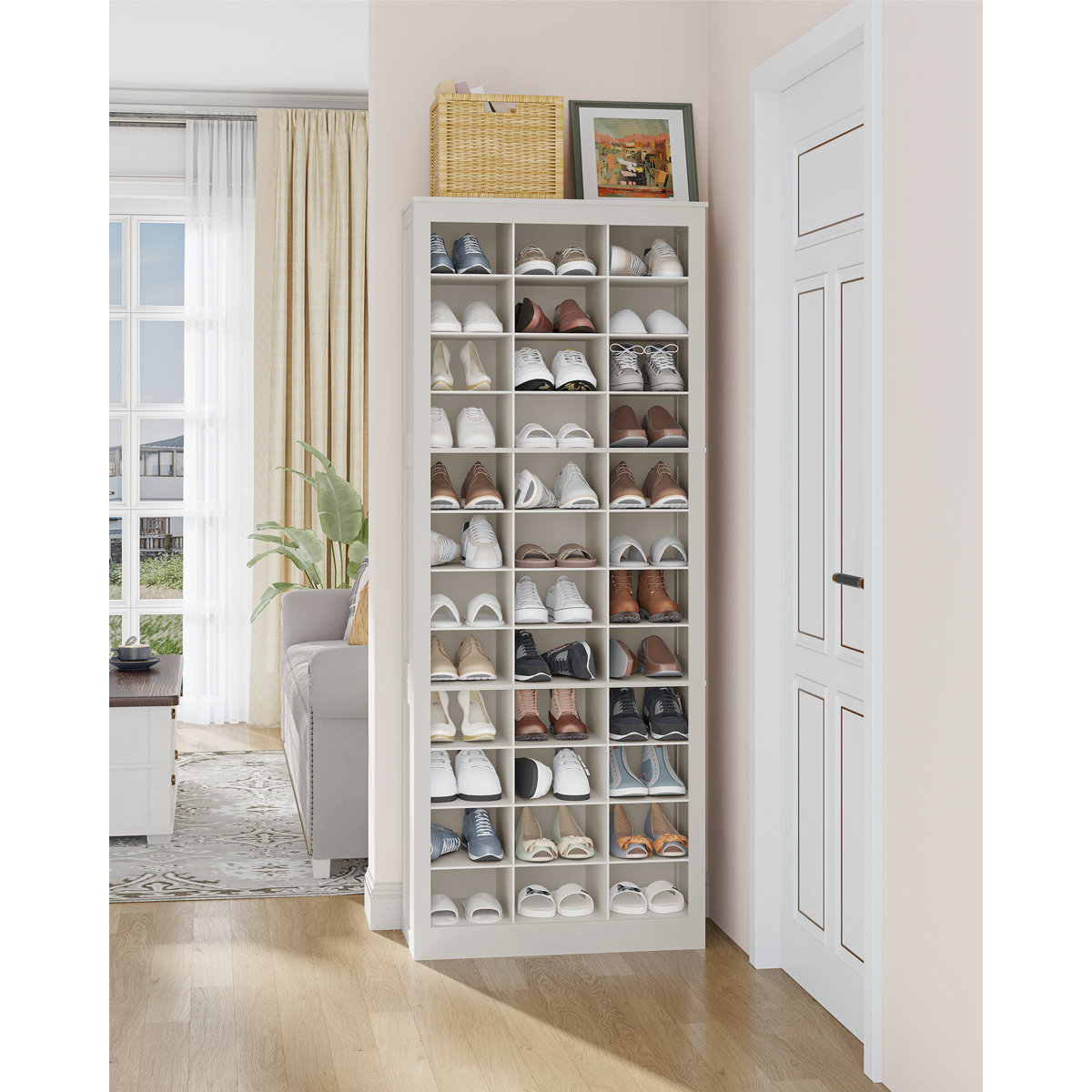 Darlington Shoe Storage Cabinet, 36 Pairs Free Standing Closet Organizer, 8.8 inch Widened Cell Wood Shoe Organizer, 12 Tiers Vertical Space Saving Shoe Rack for Entryway, Bedroom
