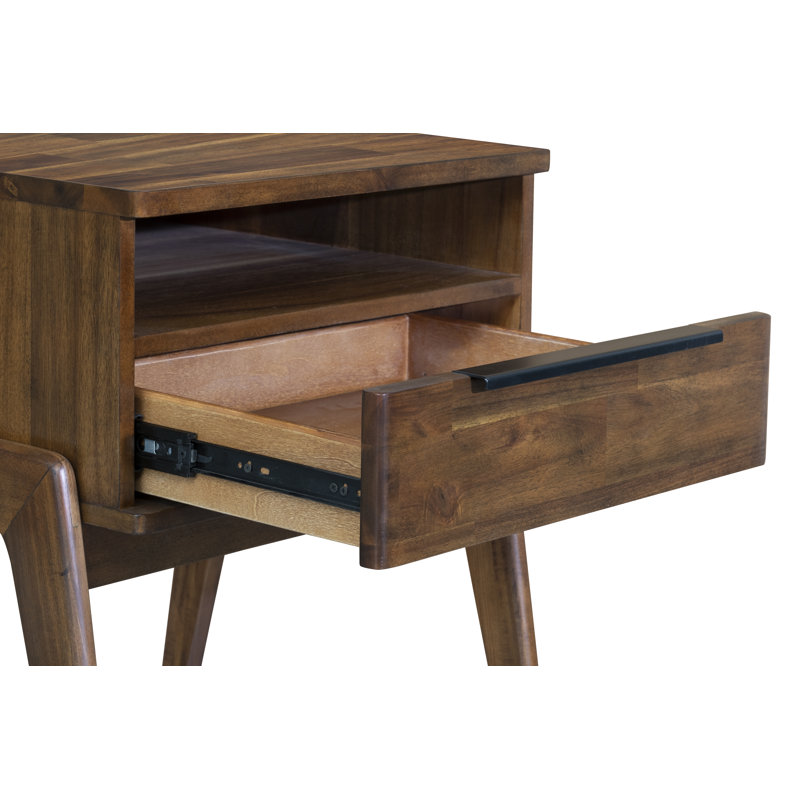 Mid-Century Modern Acacia Wood Nightstand with Black Handle