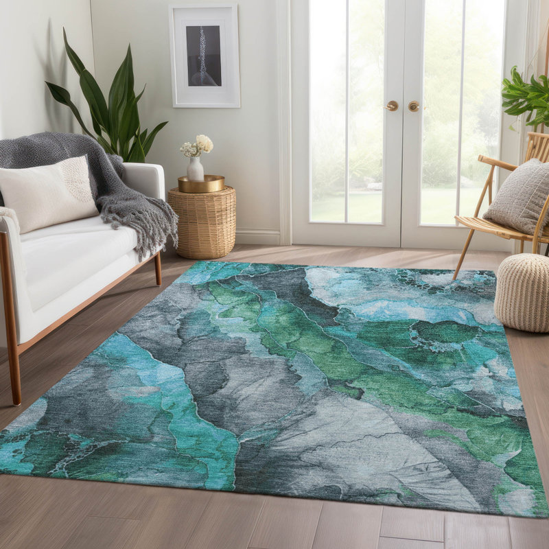 Tapis bleu sarcelle lavable à la machine intérieur / extérieur Xhevrie, Rectangle 9 pi x 12 pi