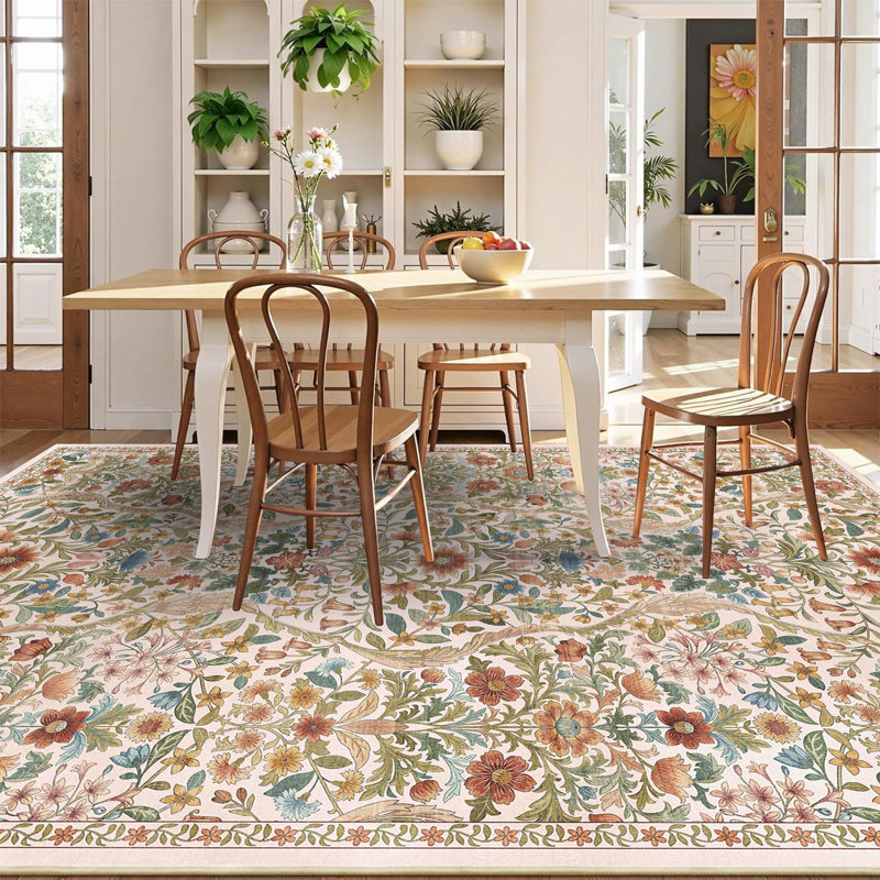 Washable Area Rug - Vintage Boho Botanical Low-Pile Rug, Rectangle 6' x 9', Black/Brown
