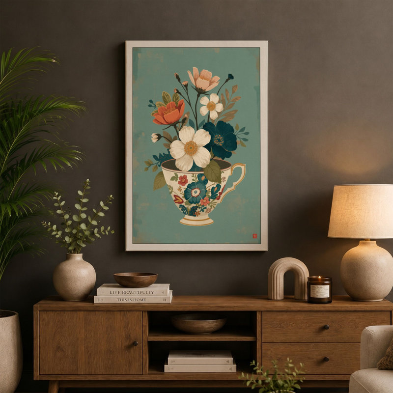 Flowers in Ceramic Teapot Japandi 1 Piece Wrapped Canvas Wall Art, 36x24 - 91.4 x 61.0 cm, Cream Border