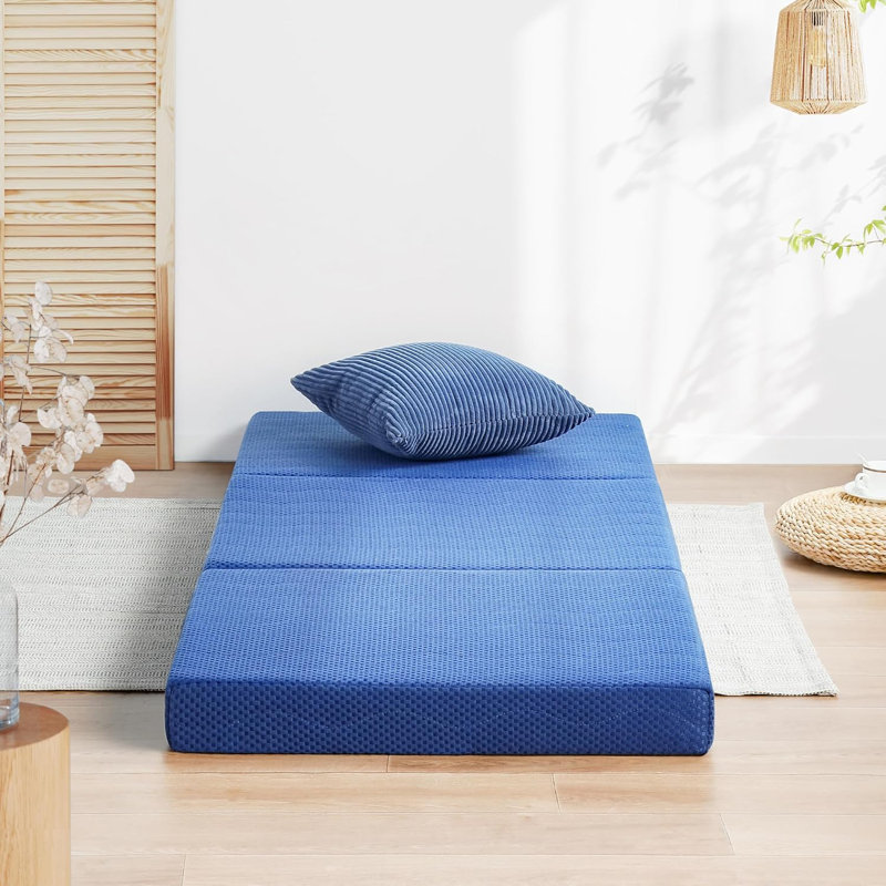 Tri-Folding Memory Foam Mattress Topper, 4 Inch Gel Folding Mattress For Camping, Foldable Guest Bed, Washable Cover, Certipur-US Certified, Soft, Blue