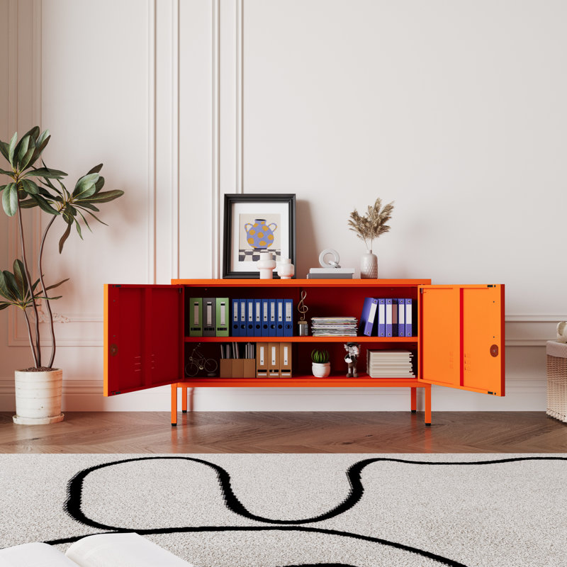 Wide TV Stand Metal Lockable Storage Cabinet with 2 Doors & 2-Tier Adjustable Shelves, Multifunctional Entertainment Center for Living Room & Bedroom