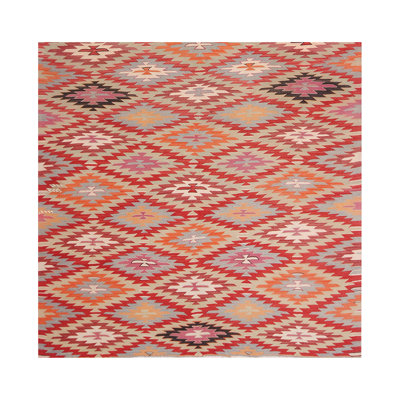 Vintage Tribal Kilim Rug In Red, Orange And Blue Geometric Patterns