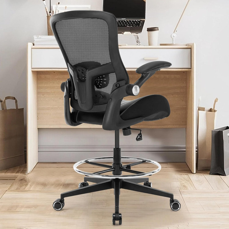 Black Drafting Chair - Tall Office Chair With Flip-Up Armrests, Footrest & Adjustable Lumbar Support (Counter Height/Standing Desk)