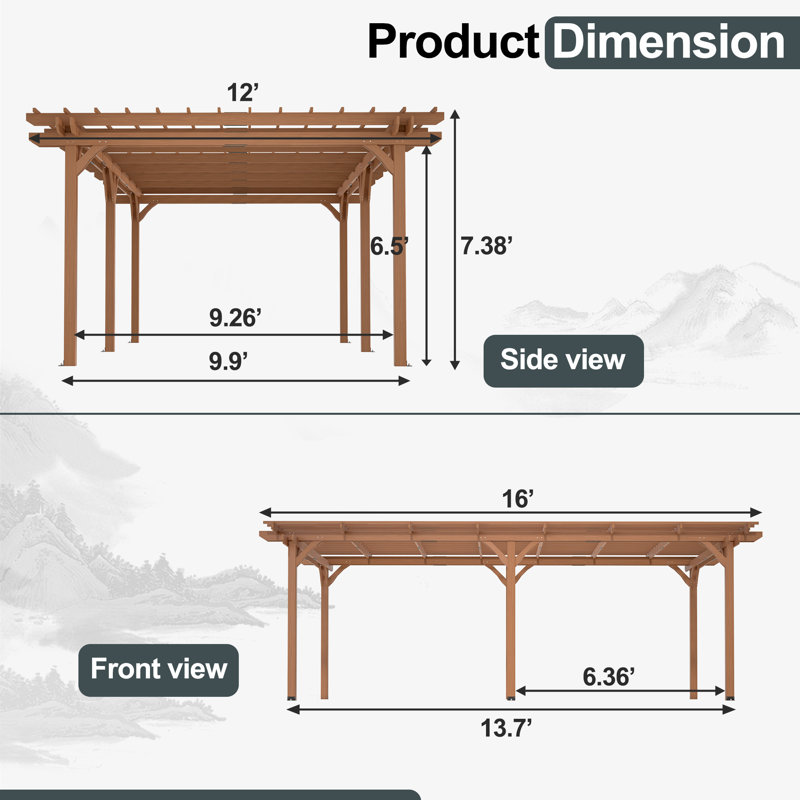Solid Wood Pergola, 12 ft. W x 16 ft. D