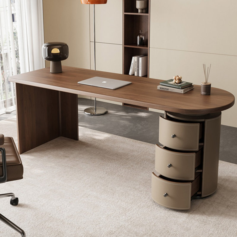 Bureau de direction demi-cercle en bois massif noisette avec 3 tiroirs, H 29,53 po x l 78,74 po x P 27,56 po