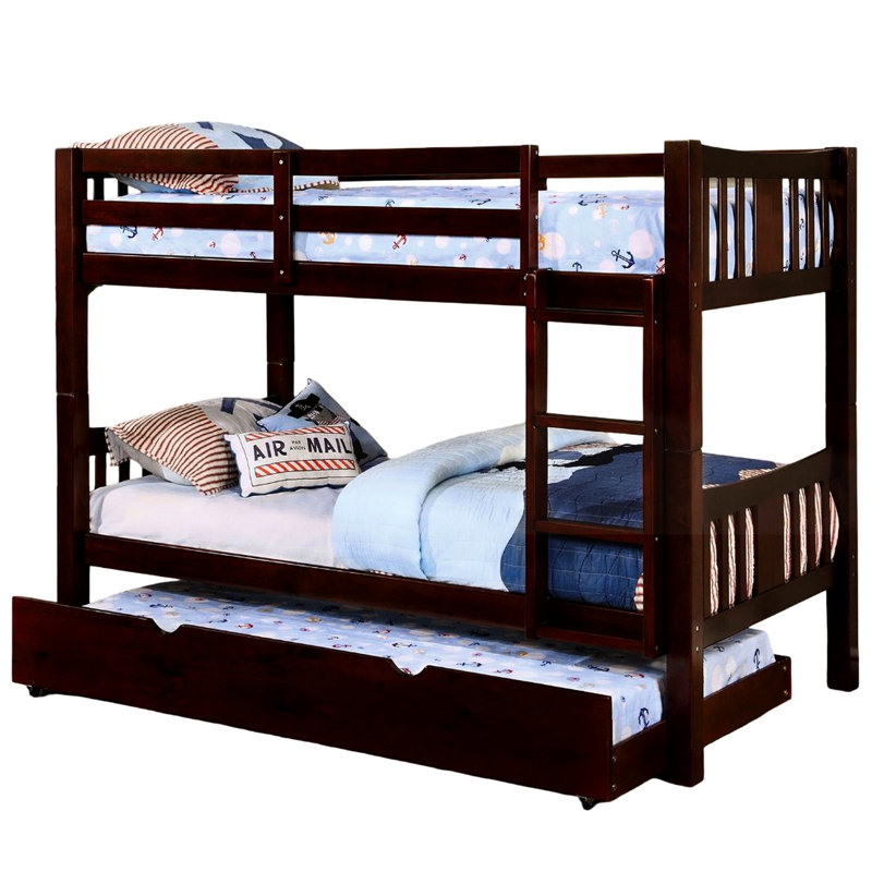 Lit simple superposé au-dessus de style transitionnel, finition noyer foncé, attaché, joint de verrouillage à rails, lit gigogne, bois massif, intérieur de lit à 13 lattes en noyer, avec rails de joint, et lit gigogne, bois