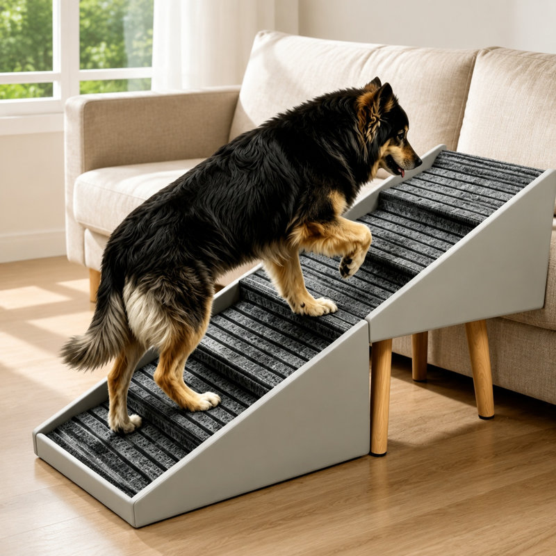 Escalier et rampe pliables gris à six marches avec rangement pour repose-pieds pour petits et grands chiens