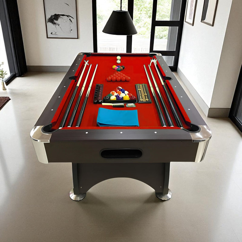 Table de billard 7 pi avec accoudoirs en feutre rouge, retour de balle automatique et accessoires de billard complet, Rouge