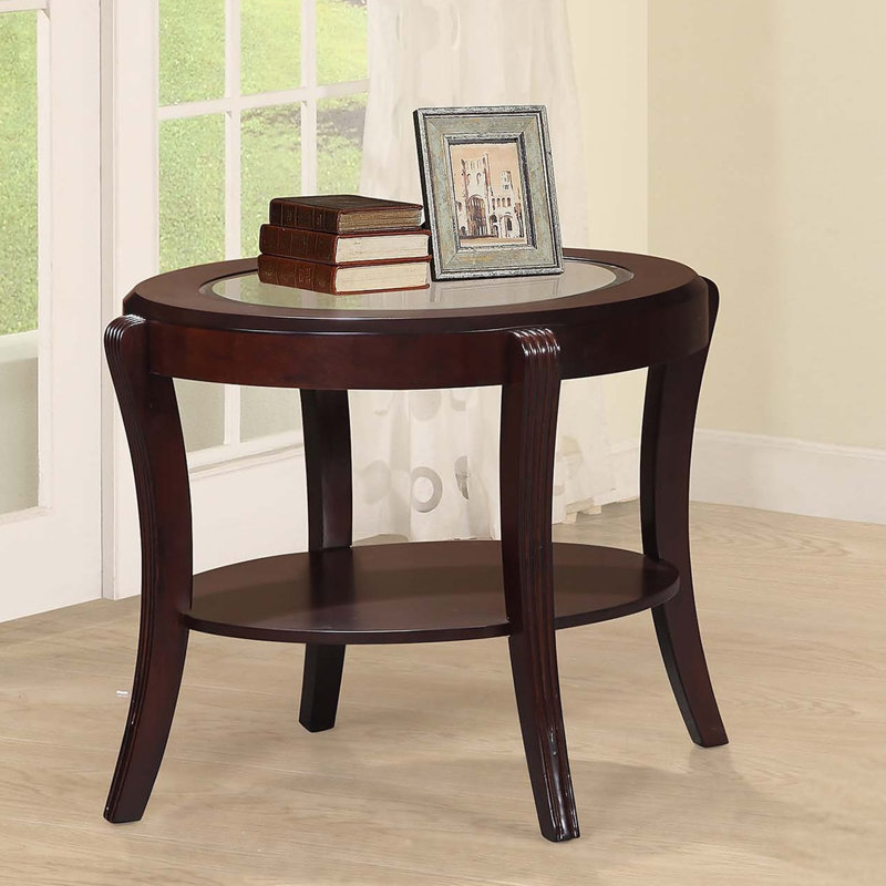 Table de bout espresso / cerisier foncé avec plateau de rangement traditionnel en verre trempé de 5 mm et dessous de table