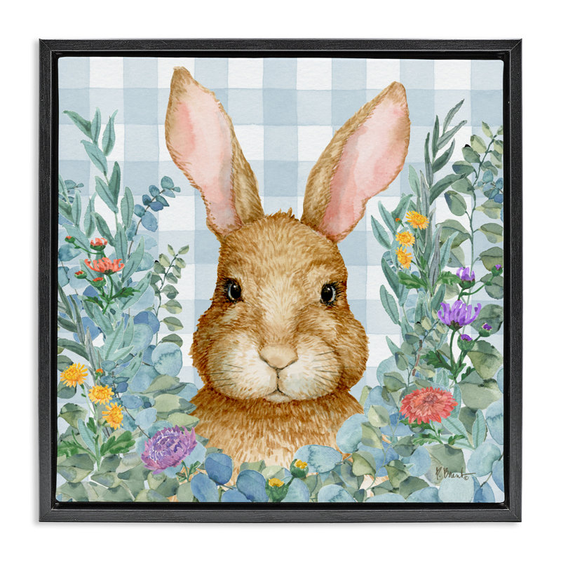 Lapin laurier sur cadre flottant Vichy, design par Paul Brent, Cadre flottant noir de jais, H 18 po x l 18 po