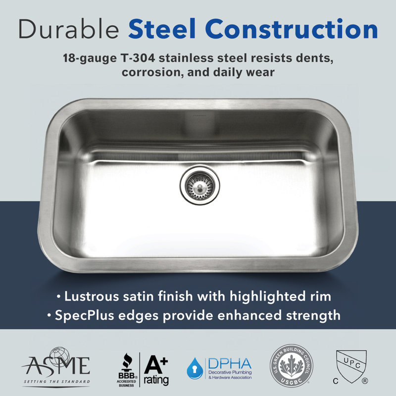 Houzer 32 in Stainless Steel Undermount Single Bowl Kitchen Sink w/ Strainer, Grid - STL-3600-C