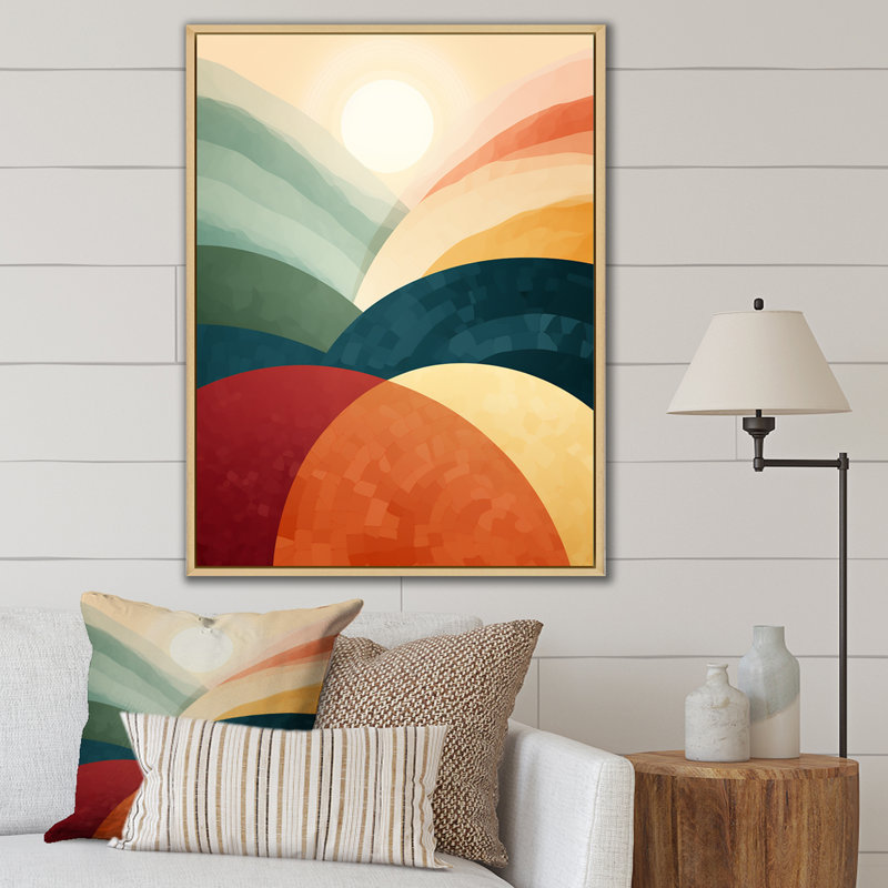 Art mural rétro sur toile de fond abstraite, minimalisme, bleu et rouge, Cadre flottant érable, H 32 po x l 24 po x P 1 po