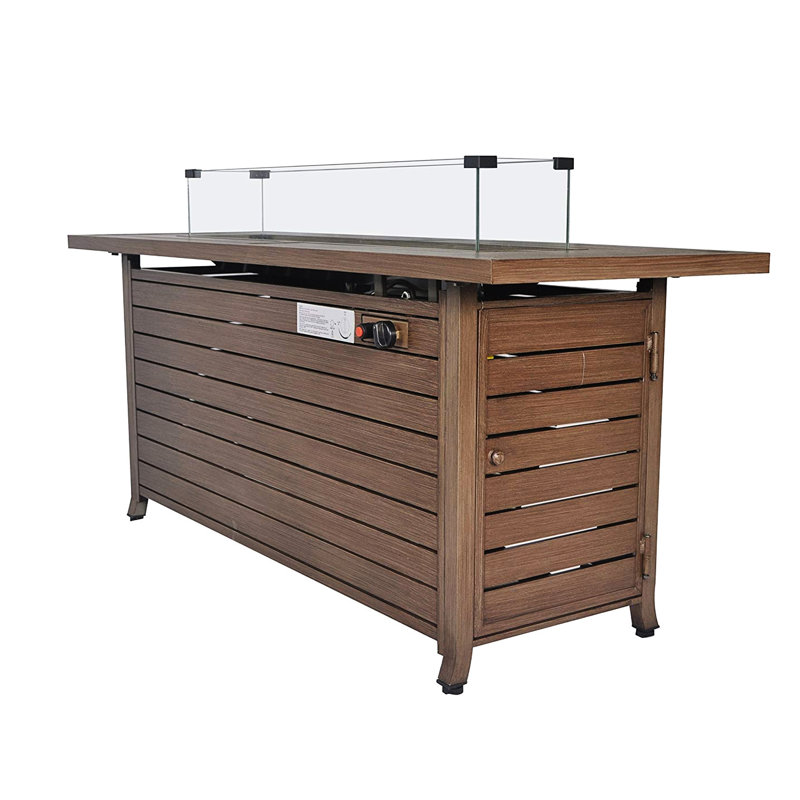Table de foyer d'extérieur au gaz de 57 po, 50000 BTU, rectangulaire avec couvercle et pare-vent, acier brun jaune, parfaite pour le camping