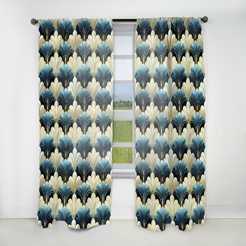 1970s Blue And Beige Damask Art Deco - Damask Curtain - Velvet Room Darkening - 1 panel, 52" W x 108" L