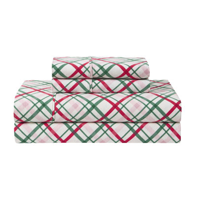 Hallmark Joy to the World Plaid Multi Brushed Cotton Flannel Bed Sheet Set, Twin