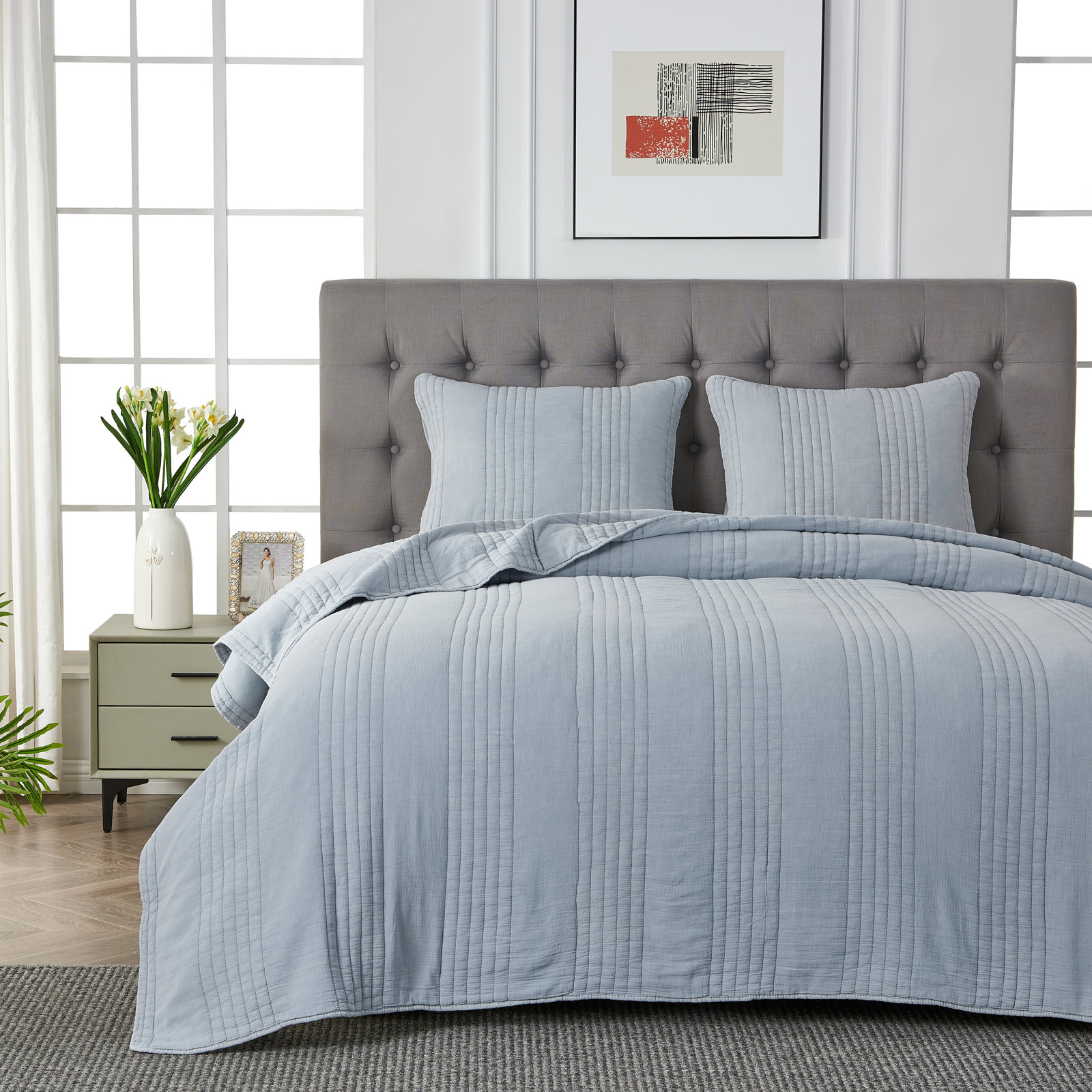 Cotton Quilt Set, Queen Quilt + 2 Standard Shams, Navy