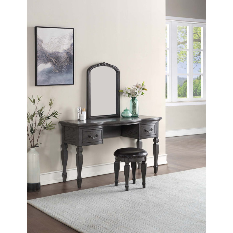 Luxurious Classic Wooden Vanity Set with Carved Mirror, Stool, and Drawers Finish, Gray