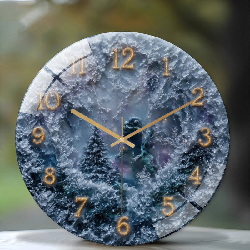 Snowy-Clock-Face-With-Golden-Numbers Art - 12'' Modern Glass Wall Clock