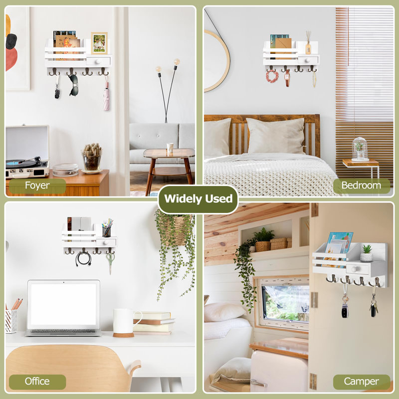 White Wooden Wall-Mounted Key and Mail Organizer with Drawer
