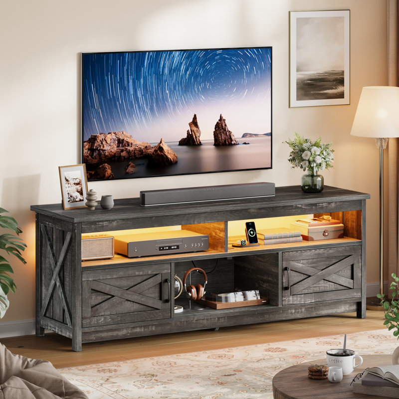 Twanna LED 65" Farm House TV Stand With Power Outlet Media Storage For Tvs Up To 75", White