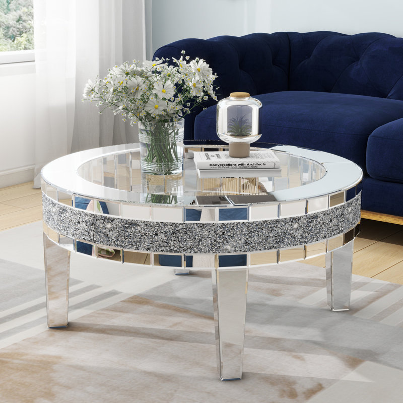Glass Mirrored Four Leg Coffee Table Mirrored Diamonds Inlay Low Coffee Table 90.3x90.3cm