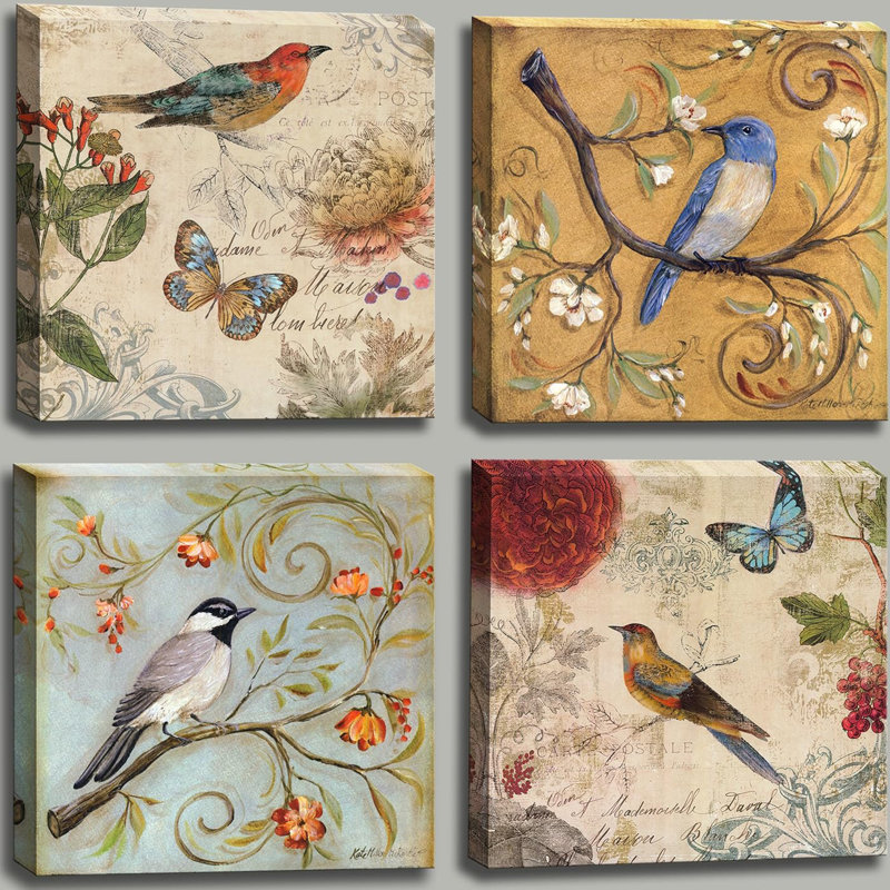 Fleurs, oiseaux, art mural sur toile