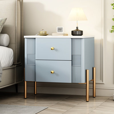 Table d'appoint moderne et minimaliste bleue avec motif cannelé, poignées à boutons en métal, 2 tiroirs multifonctionnels, pieds hauts élégants, détails dorés, facile à nettoyer