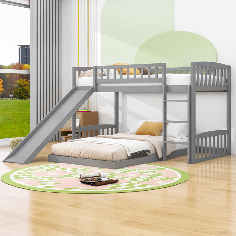 Evelene Twin Over Twin L-Shaped Bunk Beds with Slide, Gray