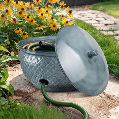 Handcrafted Diamond Embossed Metal Garden Hose Holder Pot with Lid, Patina
