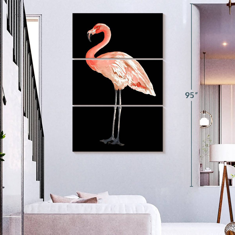 Flamant rose sur fond noir, H 74 po x l 48 po