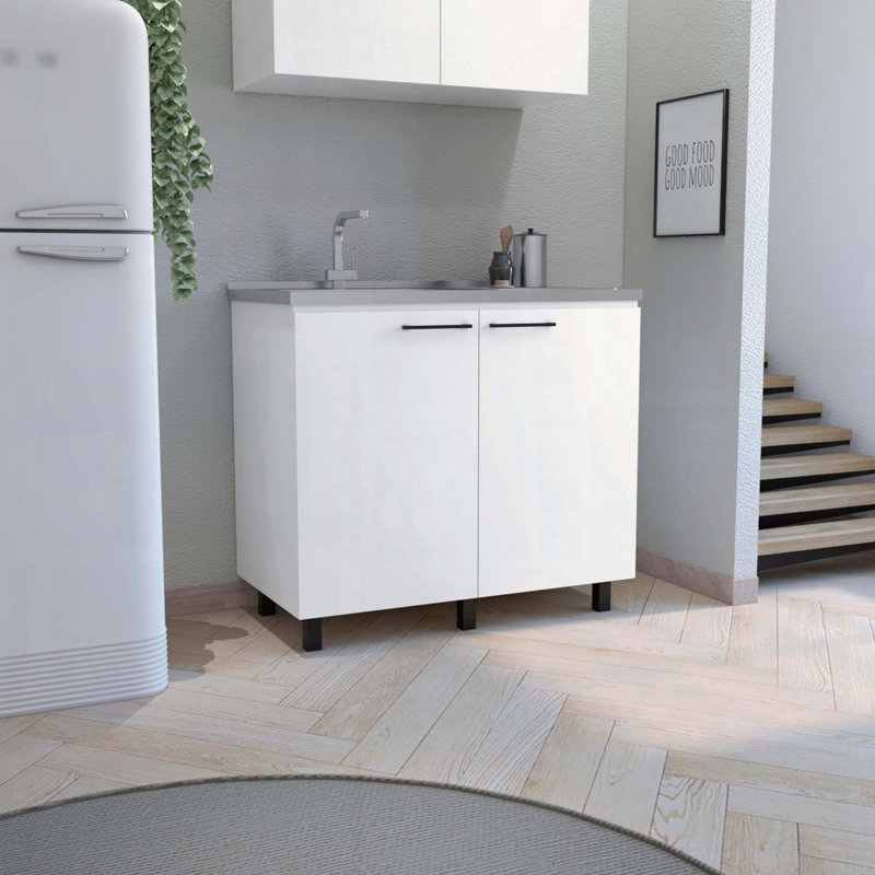 2 éviers utilitaires avec armoire, comptoir en acier inoxydable, tablette intérieure, Blanc