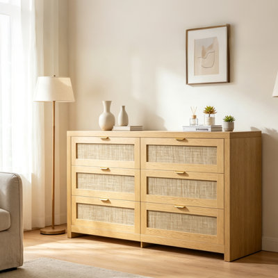 Commode 6 tiroirs en rotin, commode en panneau de particules naturel avec poignées en métal pour le rangement dans la chambre à coucher