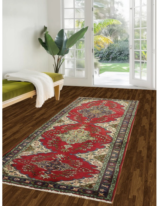 Tapis de médaillon traditionnel rouge élégant noué à la main 3 x 9